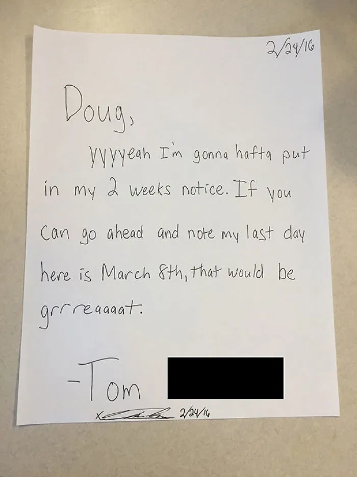 Friend's Official Resignation Letter From Bank Of America