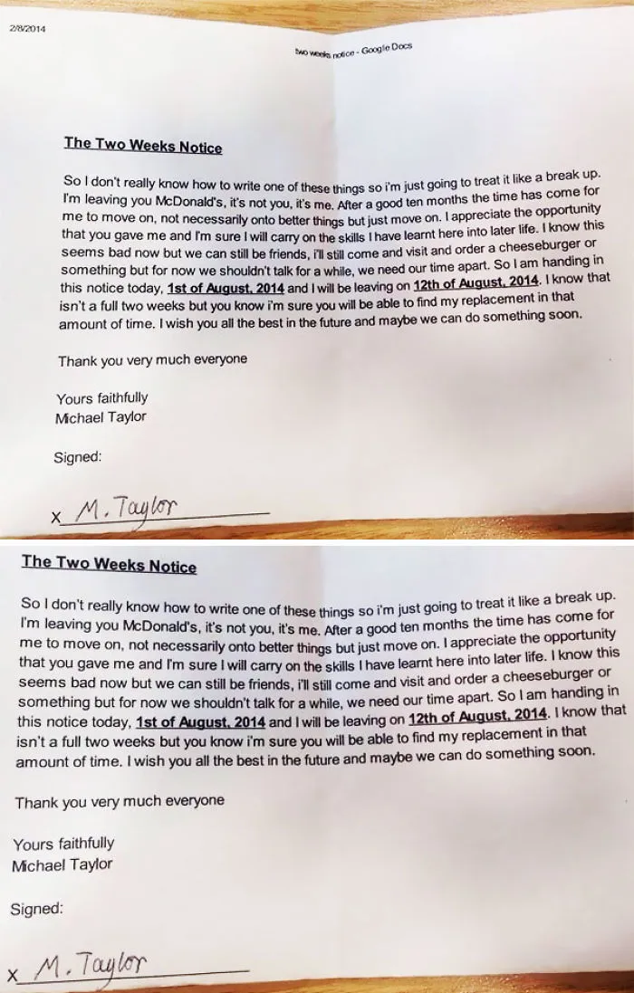 McDonalds Breakup Letter