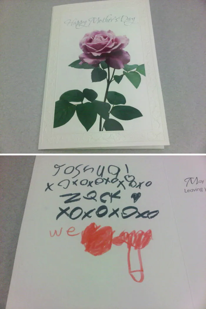 My Co-Worker Got A Nice Card For Mother's Day. Her Kids Had Some Trouble Drawing A Pointing Hand Though...