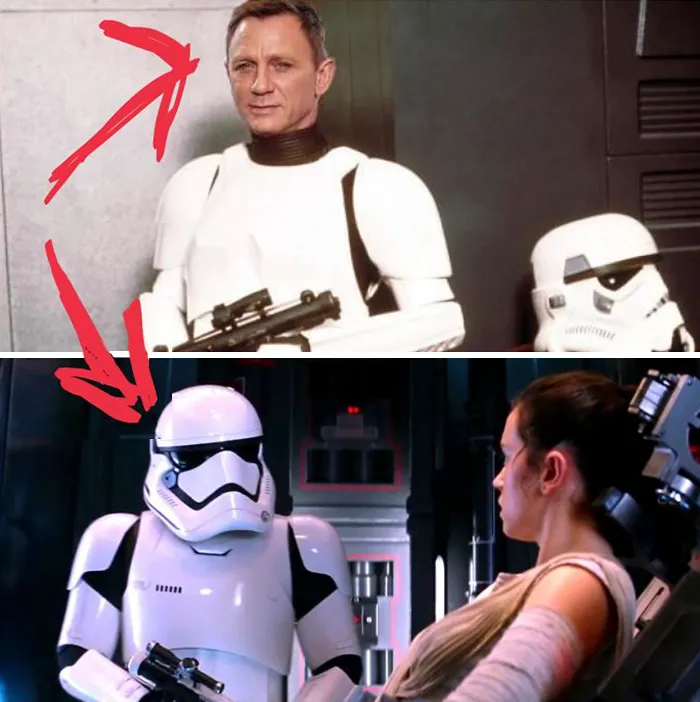 Cuando filmaban El despertar de la Fuerza, también preparaban Espectro en el mismo estudio. El actor que hace de James Bond, Daniel Craig, decidió acercarse y le dieron un cameo. No se le ve la cara, pero se le oye hablar