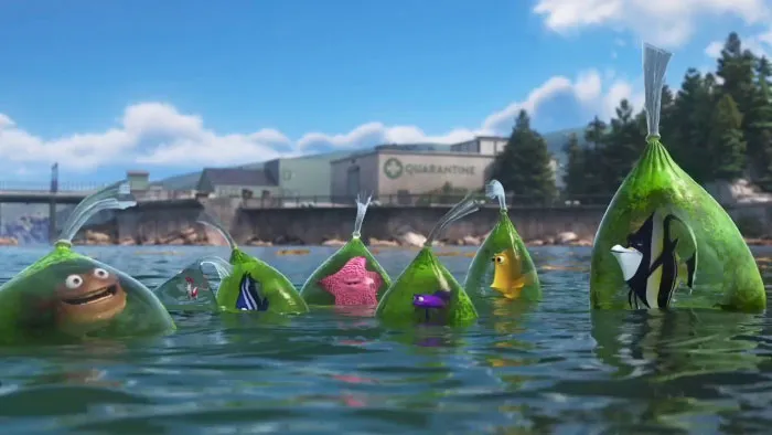 En la escena tras los créditos de Buscando a Dory, la bolsa más limpia es la de Jacques, la gamba limpiadora