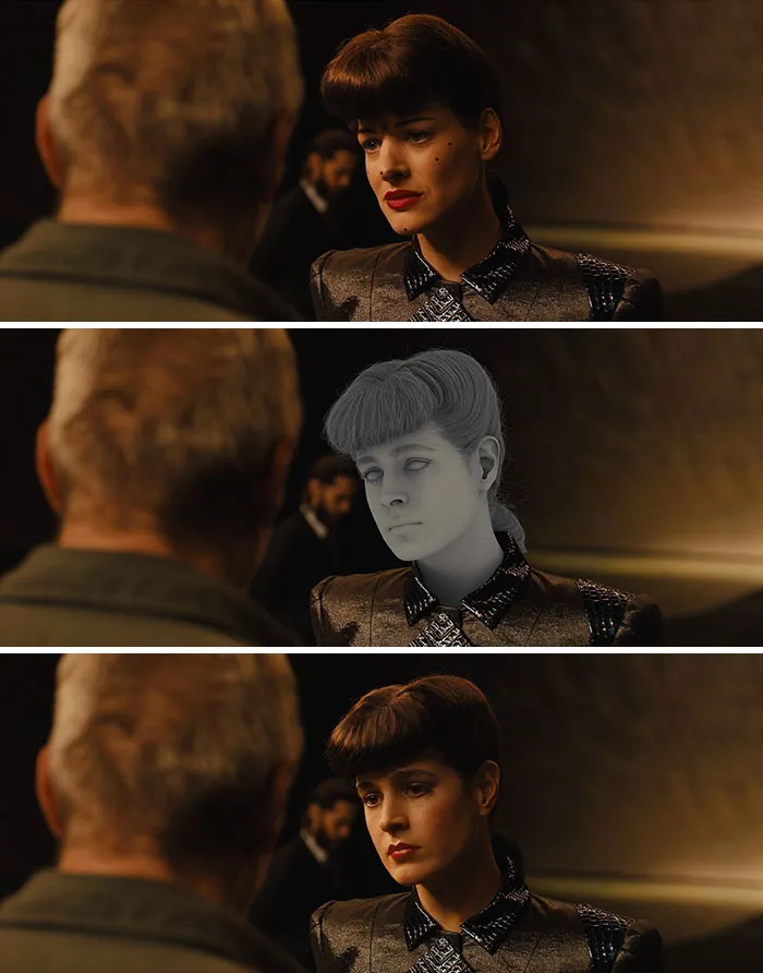 Scene from Blade Runner 2049 showing a close-up of a female character with advanced movie visual effects applied.