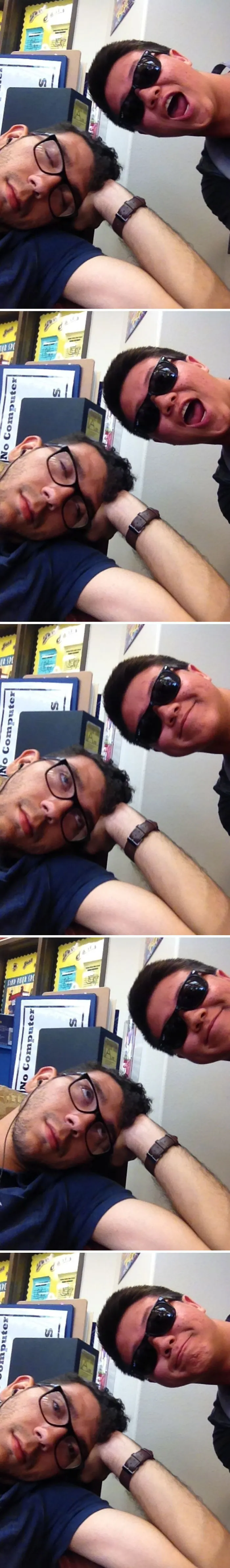 Me quedé dormido en la biblioteca y este tipo usó mi móvil para hacerme selfies. Entonces me desperté