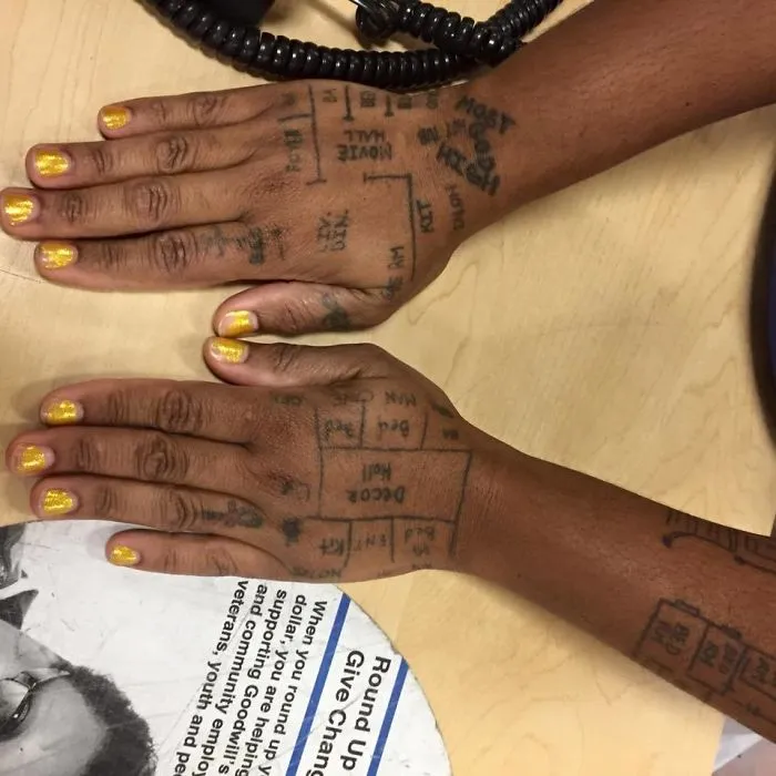 Hands with meaningful tattoos, yellow nail polish, showcasing personal stories and connections.