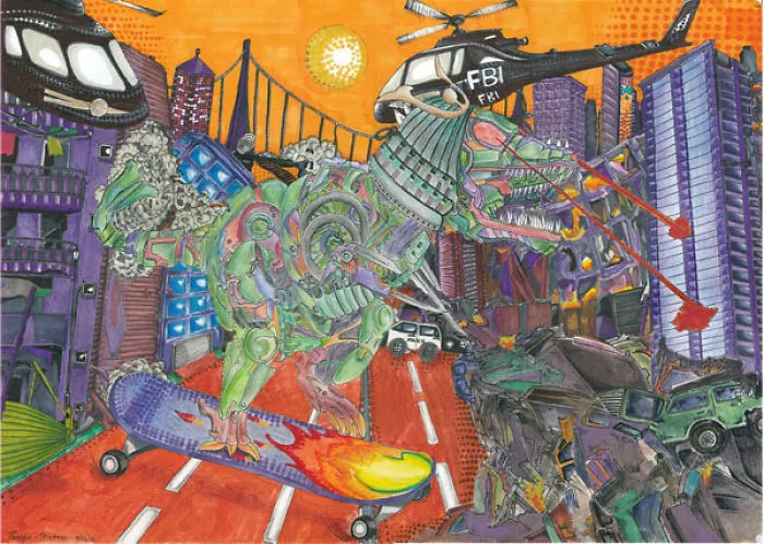 I Drew And Painted A "Samurai Dinosaur On A Skateboard Rampage" On A3 Paper - And Included A Prologue