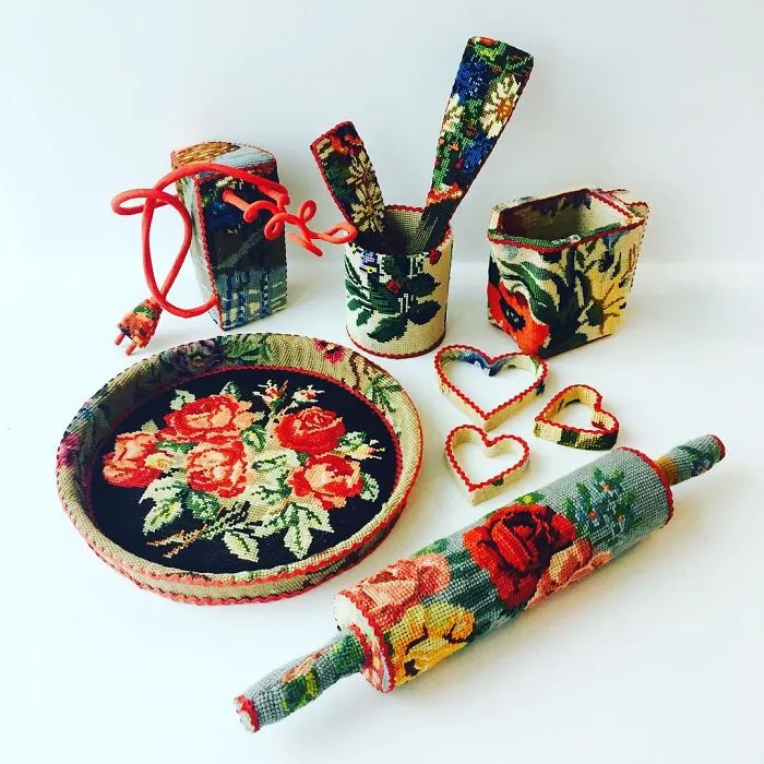 Artist Gives A Second Life To Vintage Household Objects By "Dressing Them Up" In Cross-Stitched Patterns