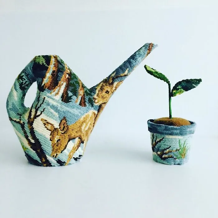 Artist Gives A Second Life To Vintage Household Objects By "Dressing Them Up" In Cross-Stitched Patterns