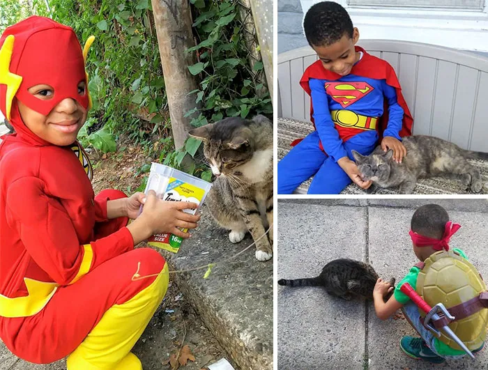 Shon, de 5 años,se disfraza para ayudar a los gatos callejeros, porque le hace sentirse como "un superhéroe para los animales"