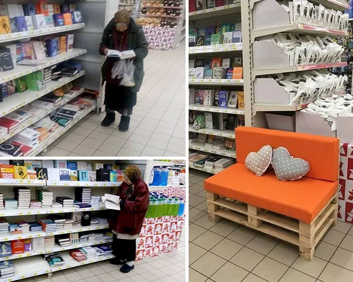 This Old Lady Goes To The Supermarket To Read Books All The Time So The Manager Put A Little Bench For Her