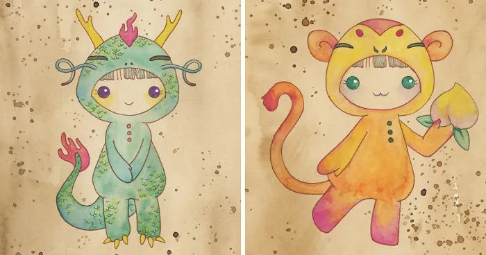 The Chinese Zodiac As “Kigurumi” Animal Onesies: Mixed Media Illustrations I Made Over The Last 6 Months