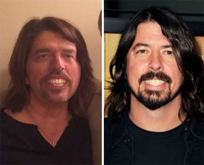 Two individuals side by side, resembling each other in accidental cosplay, featuring similar hairstyles and smiles.