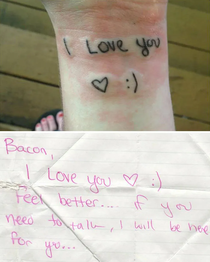 Tattoo with real meaning: "I Love You" on wrist, inspired by a handwritten note expressing love and support.