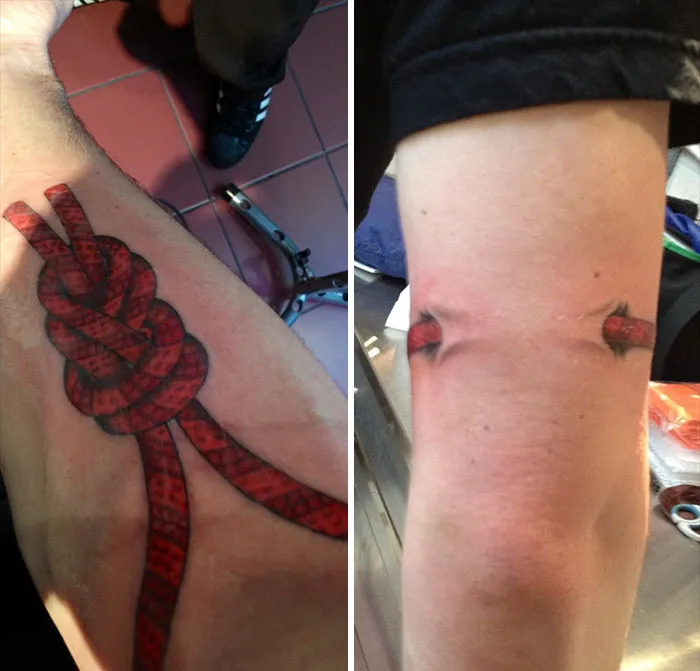 Close-up of a meaningful tattoo: a red rope knot design on an arm, symbolizing real stories behind tattoos.