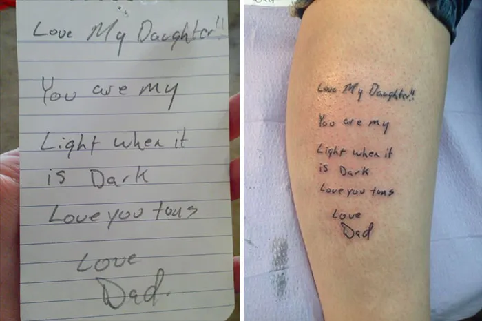 Tattoo with real meaning: heartfelt handwritten note from a father to his daughter, tattooed on forearm.