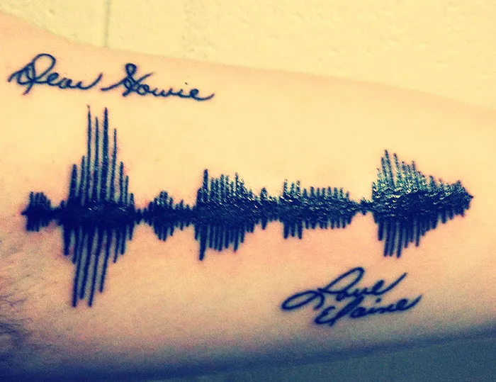 Waveform tattoo with meaningful inscriptions on an arm, representing powerful stories behind tattoos.