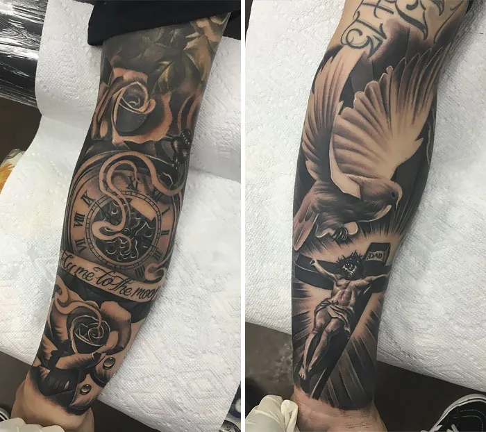Real meaning tattoos: detailed designs of a clock with roses and a dove with religious imagery on arms.