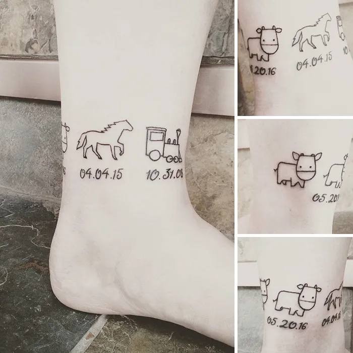 Minimalist tattoo series on ankle featuring animal and vehicle drawings symbolizing meaningful life events.