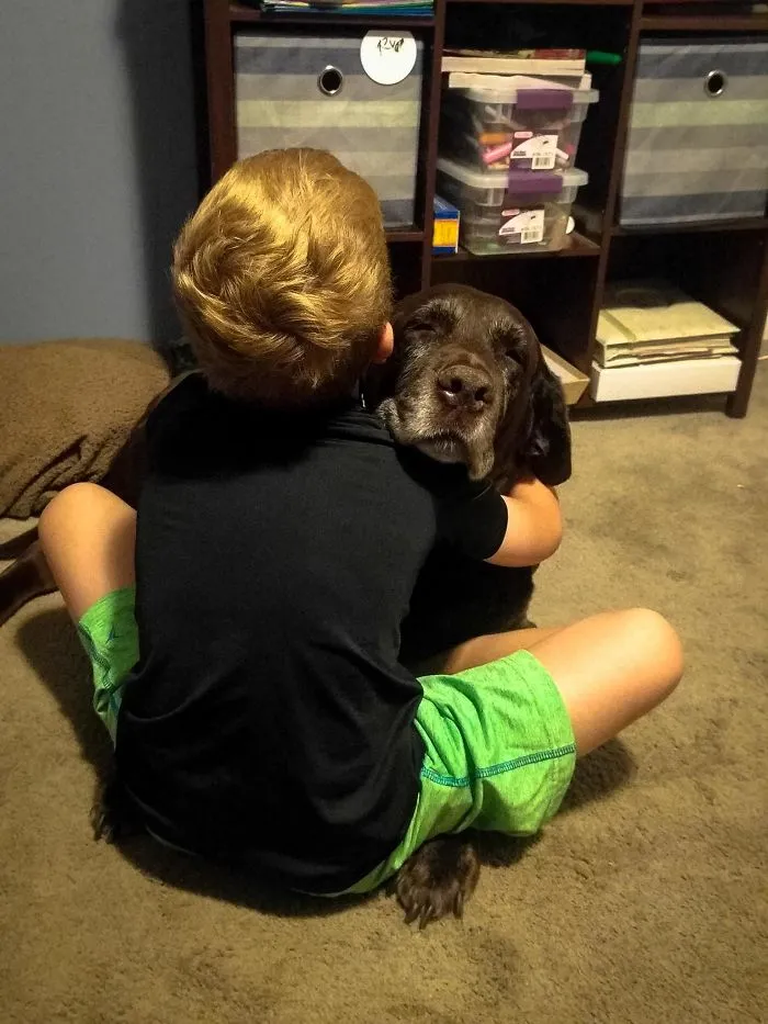 A mi hijo le gusta abrazar. Al principio al perro no le gustaba, pero al final se deja