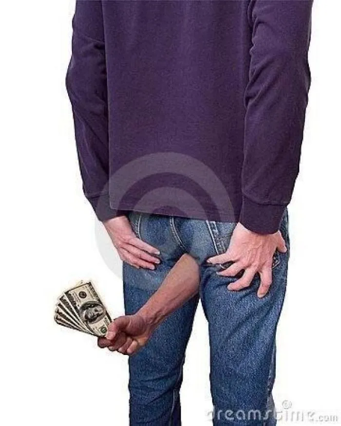 A hand with paper money coming out of person's butt