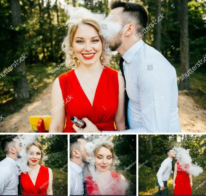 A man smoking out on a woman's head