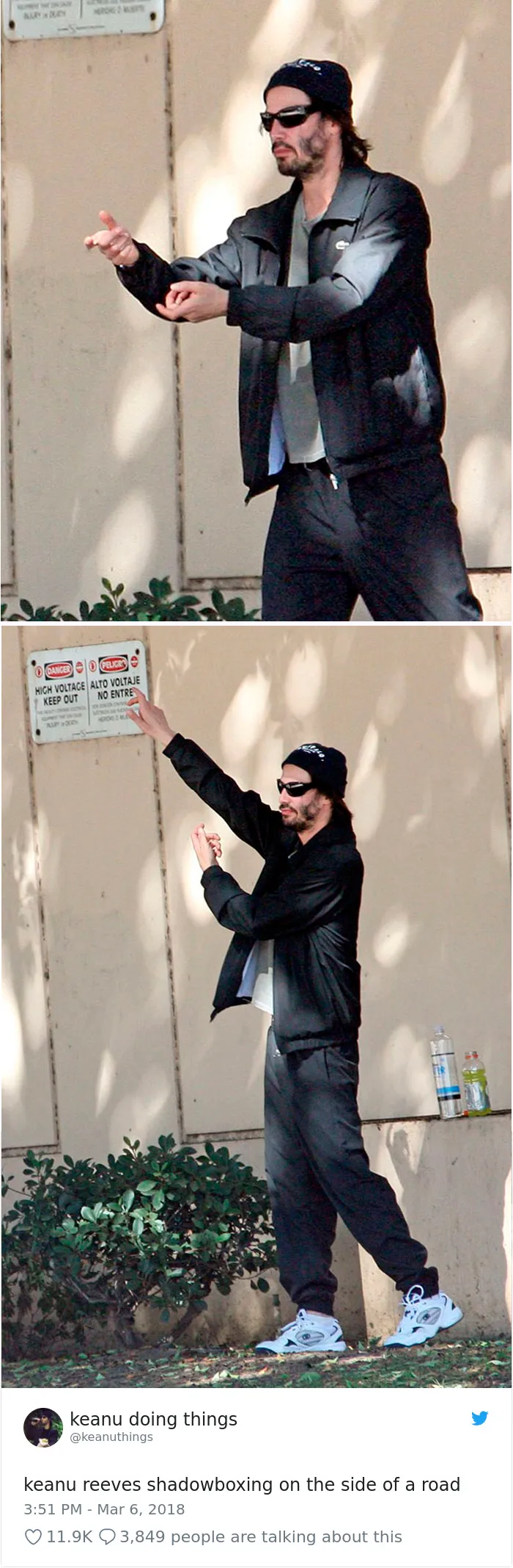 Keanu boxeando contra su sombra junto a la carretera