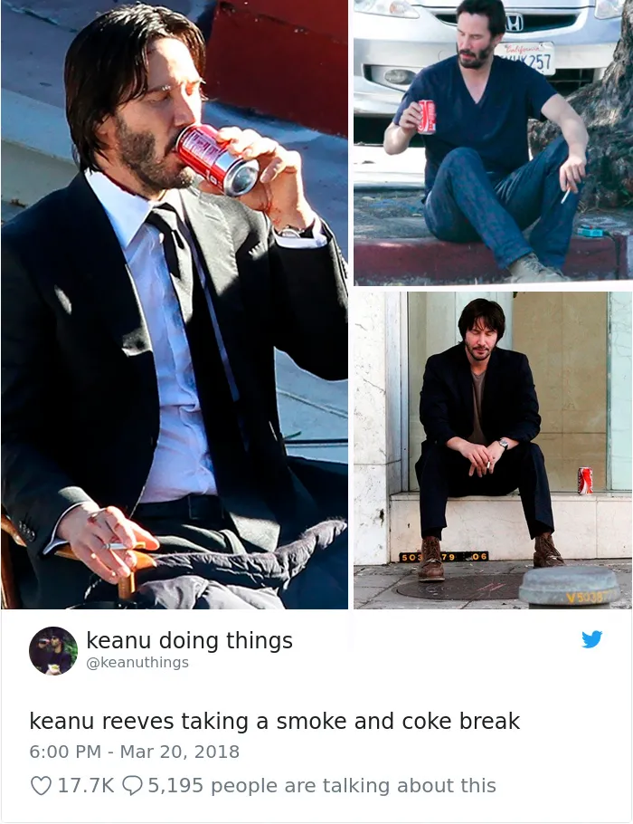 Keanu bebiendo cocacola y echando un cigarro en el descanso