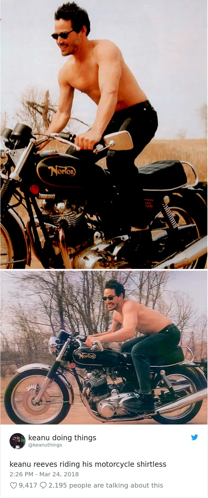 Keanu montando en su moto sin camiseta