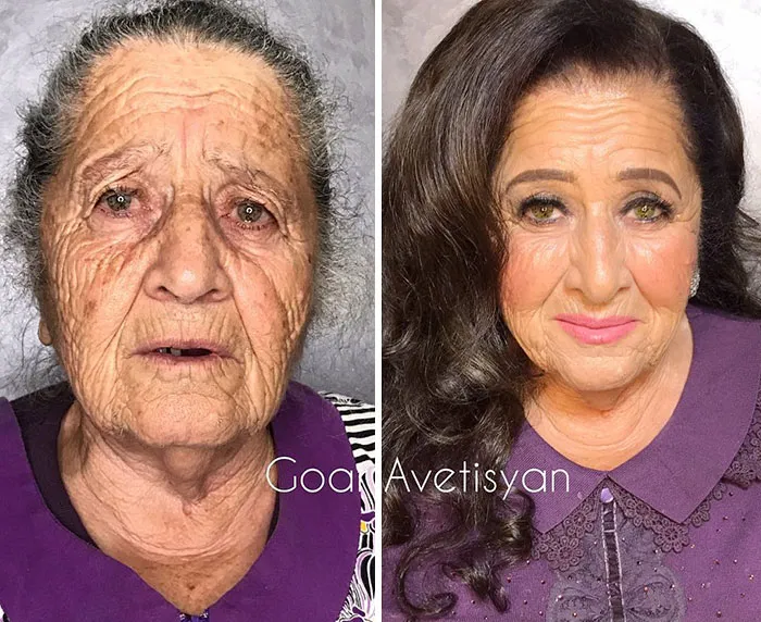 Goar convenció a su abuela, que llevaba 9 años sin maquillarse. Su sonrisa lo dice todo