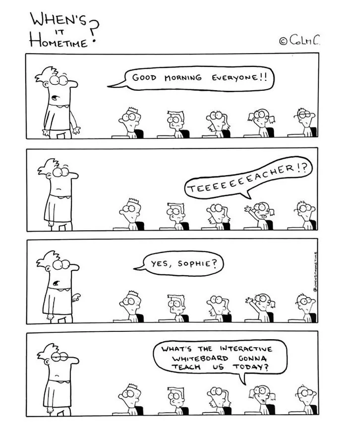 Funny comic about teaching: a classroom scene with a teacher and students discussing the interactive whiteboard.