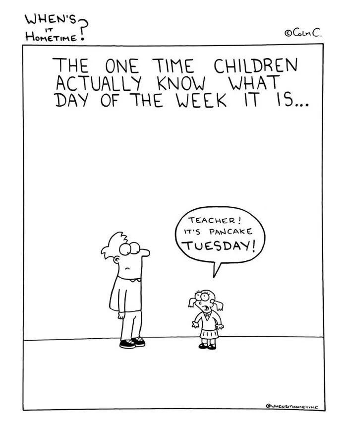 Teacher and child discussing Pancake Tuesday in a funny comic about teaching experiences.