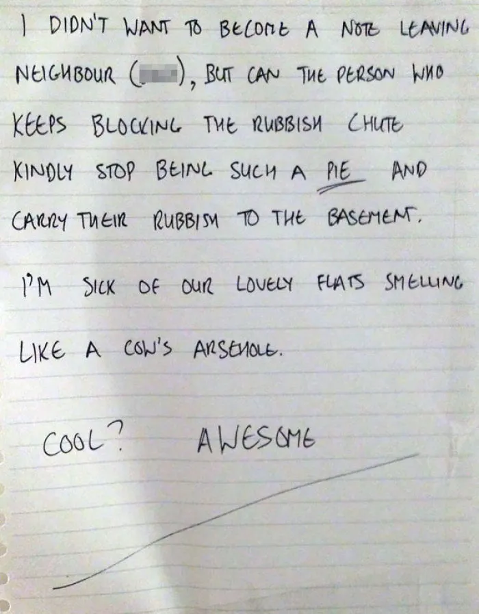 Looks Like My Neighbours Are Getting A Bit Sick Of The Bin Chute Being Blocked. This Note Was Left In Our Lift