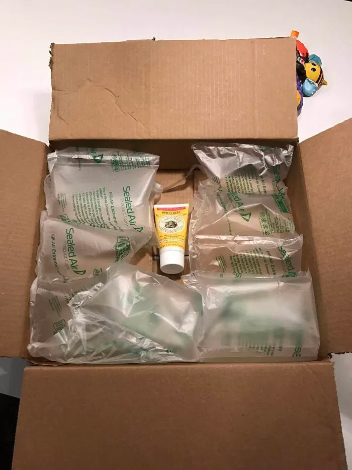 Dear Amazon Packaging Dept, You May Have Gone A Bit Overboard On Protecting This Burt's Bees Lotion.  I'm Not Sure That This Size Box Or This Amount Of Protection Was Needed, But Thanks For Being Over Cautious