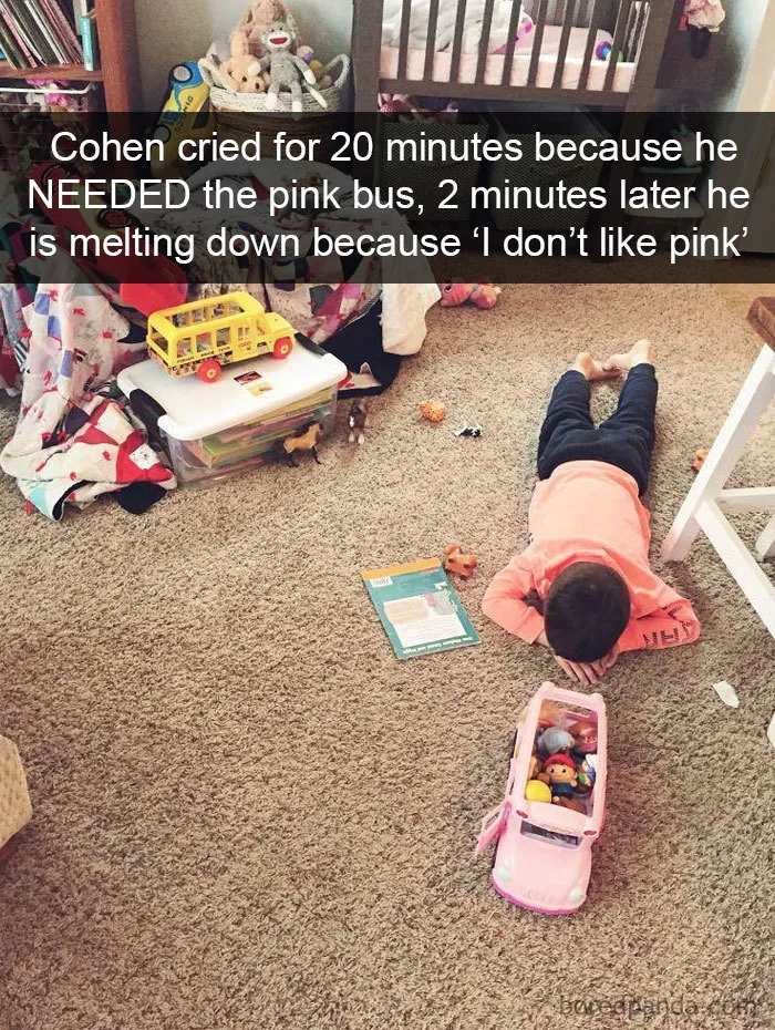 Cohen Cried For 20 Minutes Because He Needed The Pink Bus, 2 Minutes Later He Is Melting Down Because ‘I Don’t Like Pink’