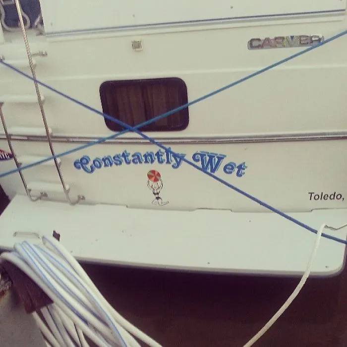 Funny named white boat 
