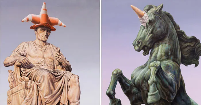 Paintings Of Statues Mocked With Modern Objects