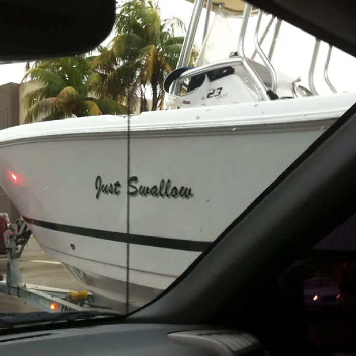 Funny named white boat 