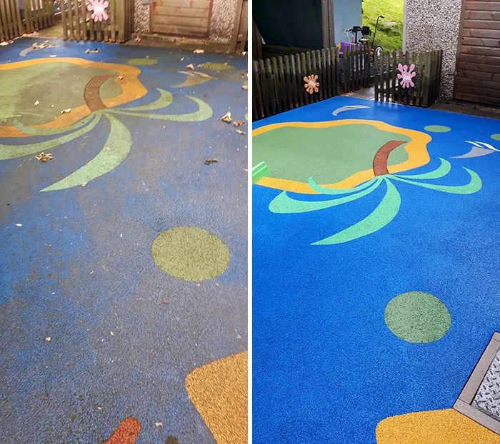 Antes y después de limpiar el patio de juegos de un colegio