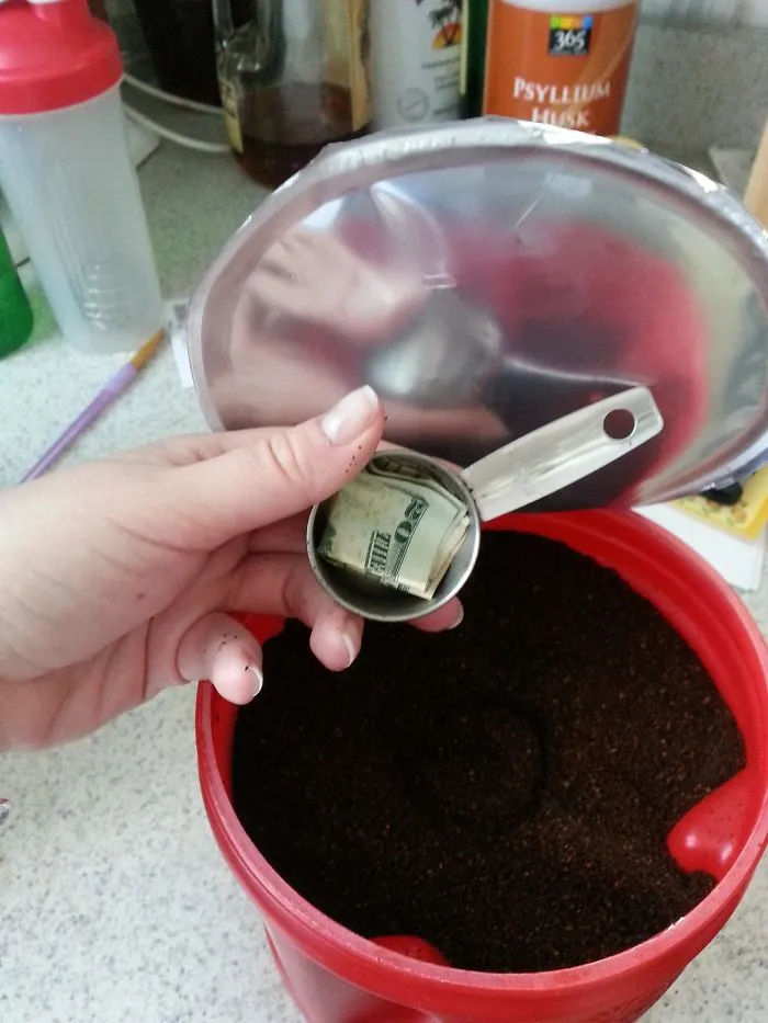 Every Time My Dad Visits He Hides A $20 Bill Before He Leaves. This Spot Is By Far The Best. I've Been Making Coffee Like This For A Week Before I Noticed