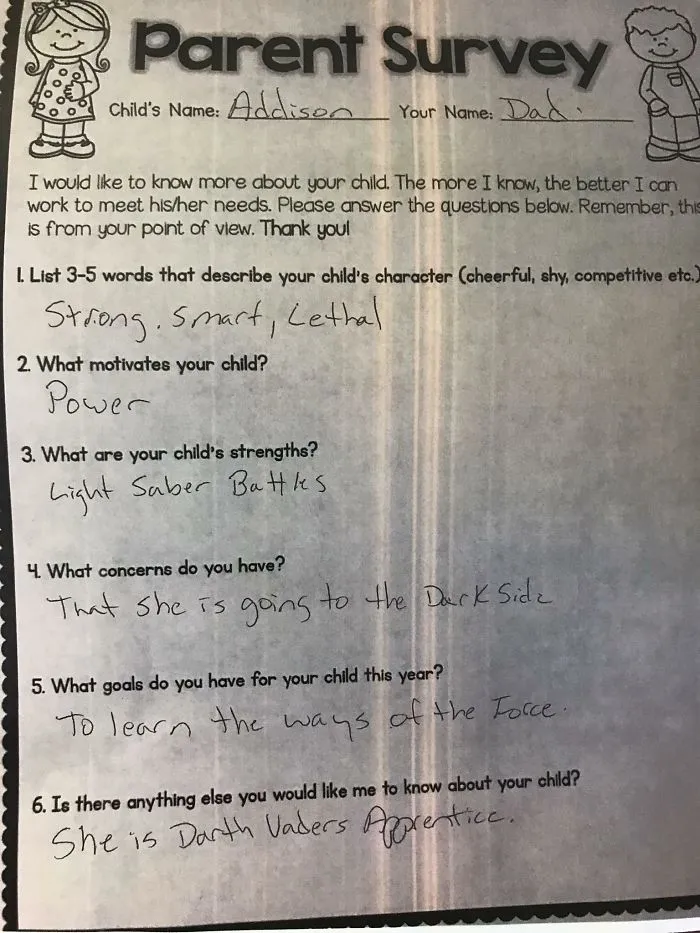 My Brother Received A Parent Survey For His Daughter Who Just Started Kindergarten