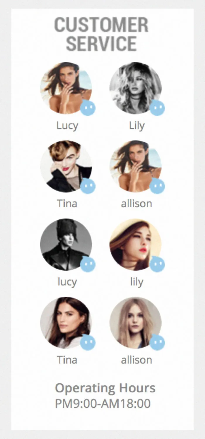 This Online Store Claims These Models Are Their Customer Service Representatives. The Same Model Appears Twice With Different Names, And All 8 Models Have The Same 4 Names