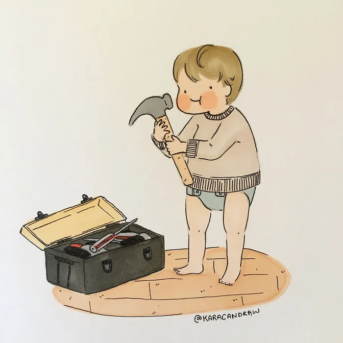 Baby Boy Busy Playing In Papa's Toolbox