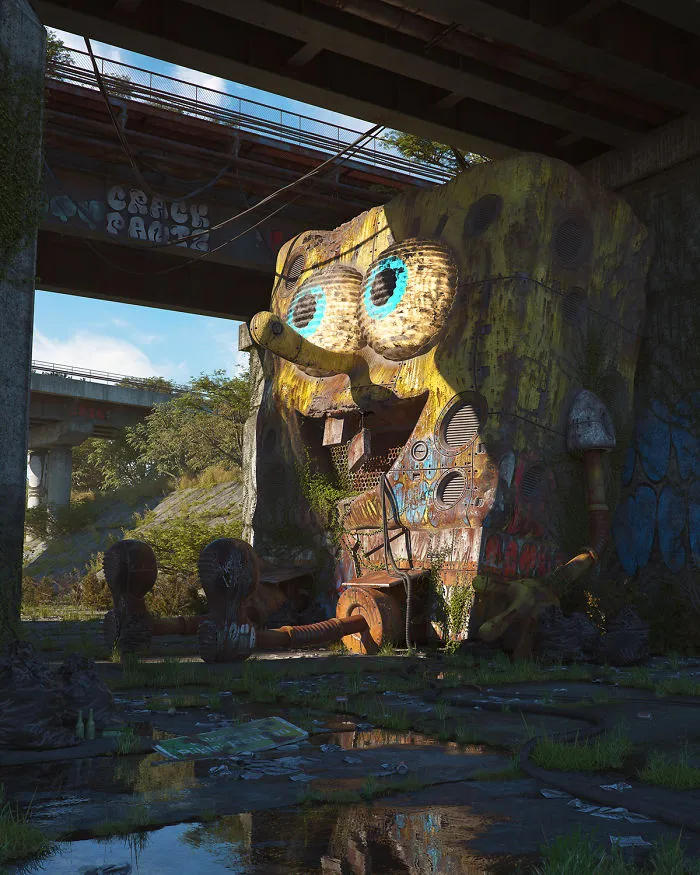 From Spongebob To Mickey Mouse: Czech Artist Returns To Transform Pop Culture Icons Into Apocalyptic Dwellings