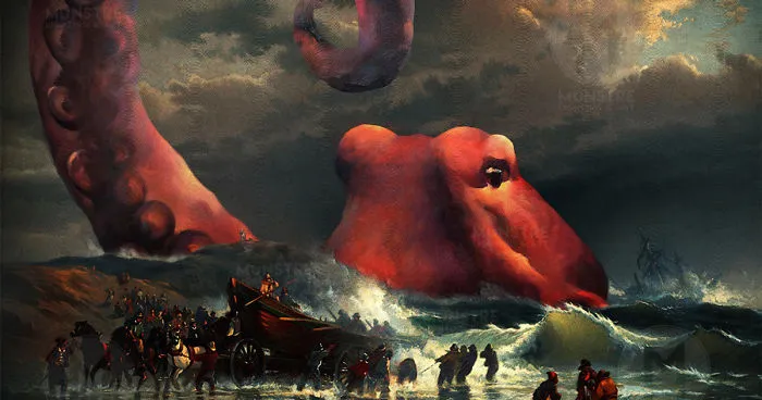 This Artist Modified An Antique Oil Painting To Include A Massive Sea Monster And Then Illuminated It