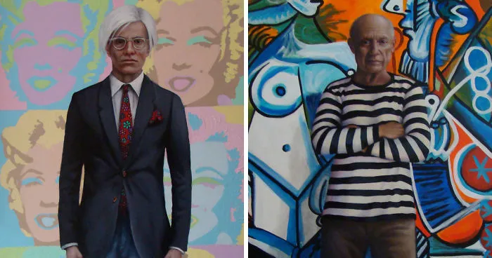Paintings Of Famous Artists Standing In Front Of Their Iconic Works