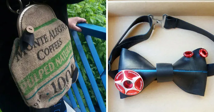 I Make Upcycled Accessories Out Of Used Bike Inner Tubes And Burlap Coffee Sacks