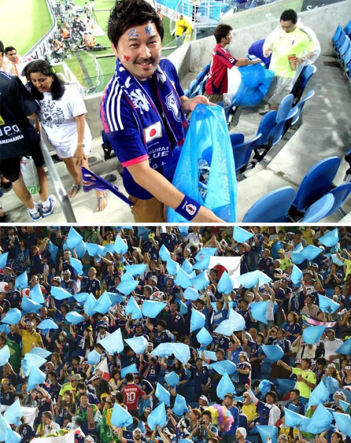Fans japoneses tras el partido del mundial de futbol de 2014 quedándose a limpiar