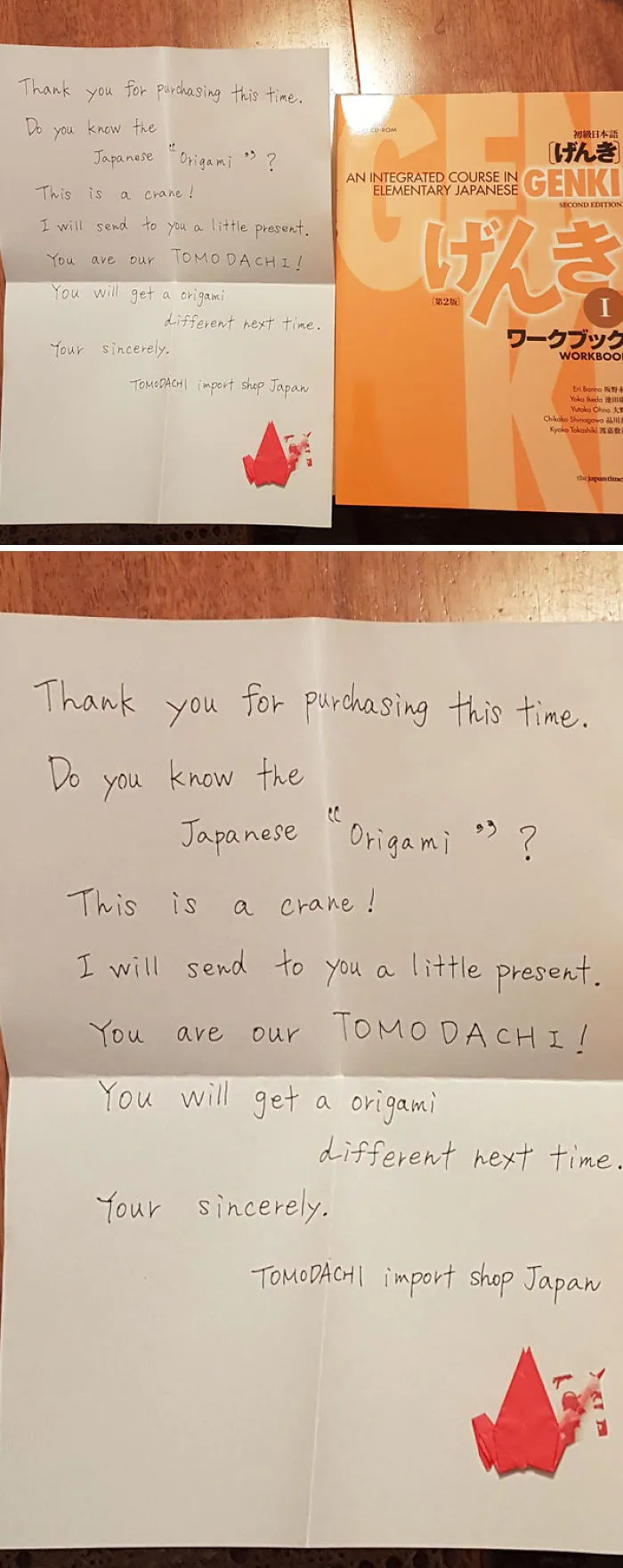 Ich hab dieses Japanisch Kursbuch aus Japan bestellt und es kam zusammen mit einem Brief und Origami