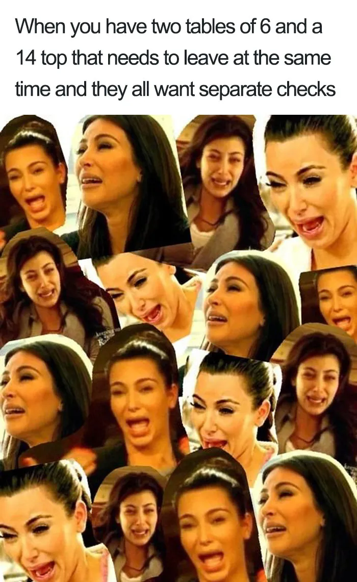 Collage of a distressed woman face memes, highlighting hilarious restaurant moments with difficult table requests.