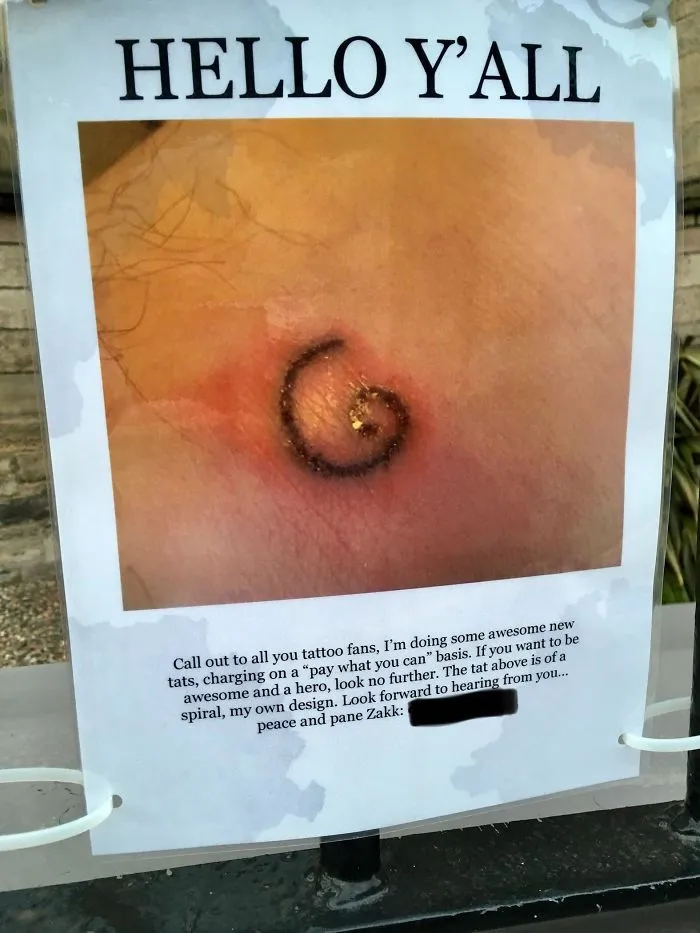 Bad tattoo fail featuring a poorly designed spiral tattoo with an accompanying humorous advertisement.