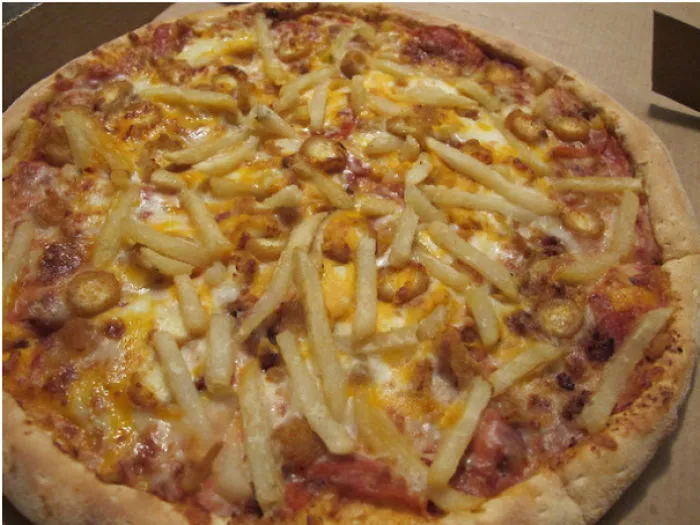 The "Stoner Pie" From A Local Pizza Place. Extra Meat And Cheese With French Fries And Mozzerella Sticks